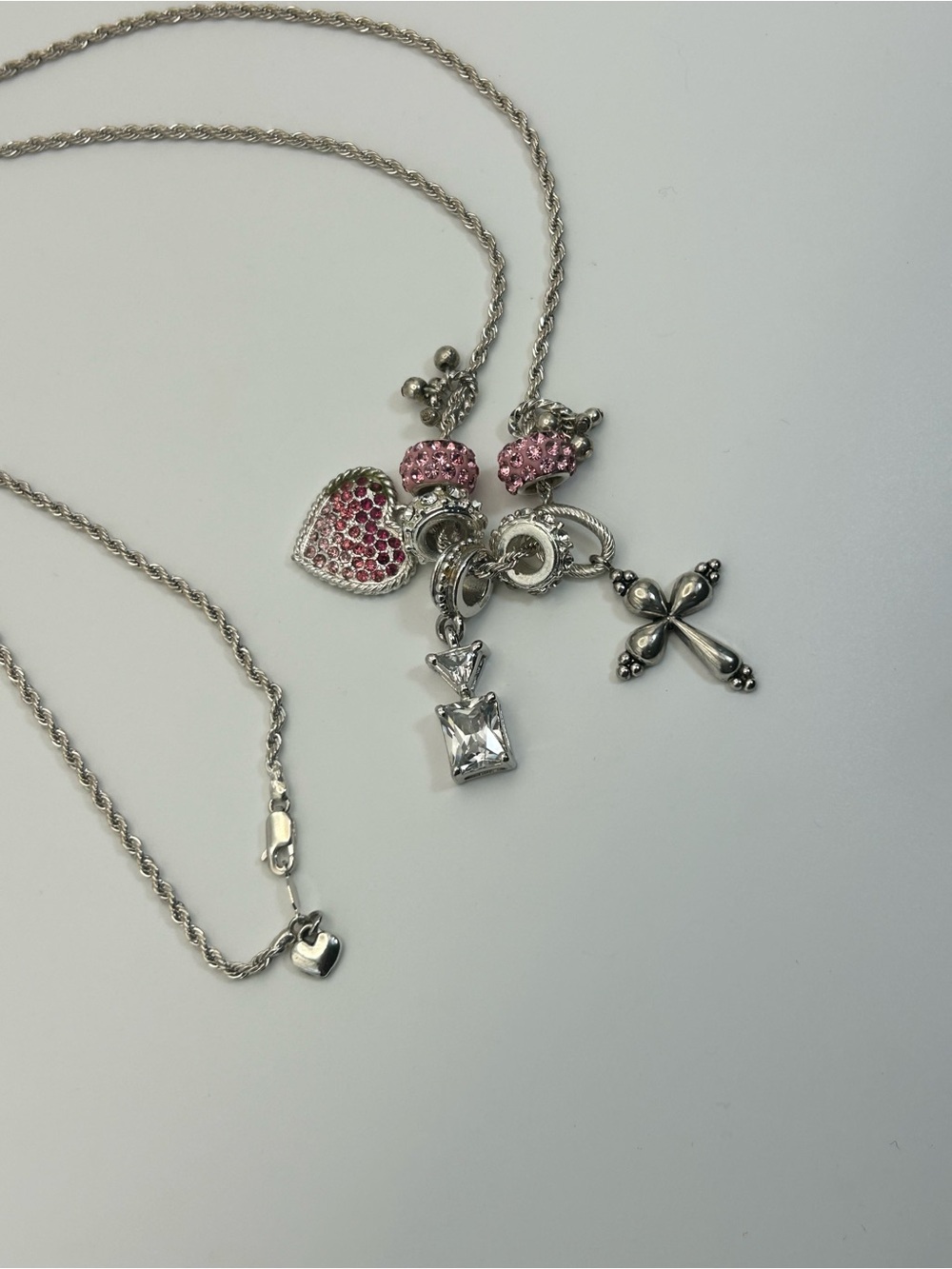 Sparkling Pink Crystals Charm Necklace Silver-tone Cross 30" Unsigned - Picture 6 of 13